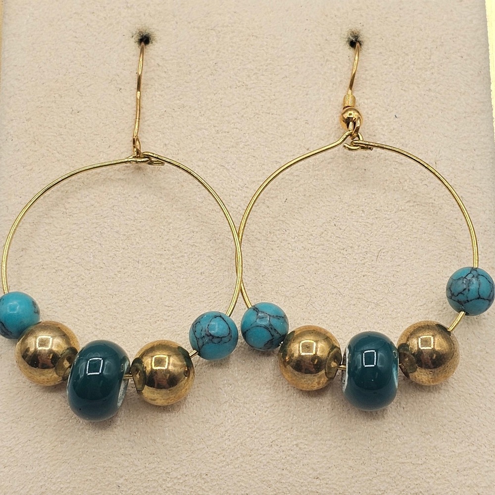 Beaded Hoop Earrings 2" Gold Tone Blue Faux Turquoise Style Boho Chic Handmade‎